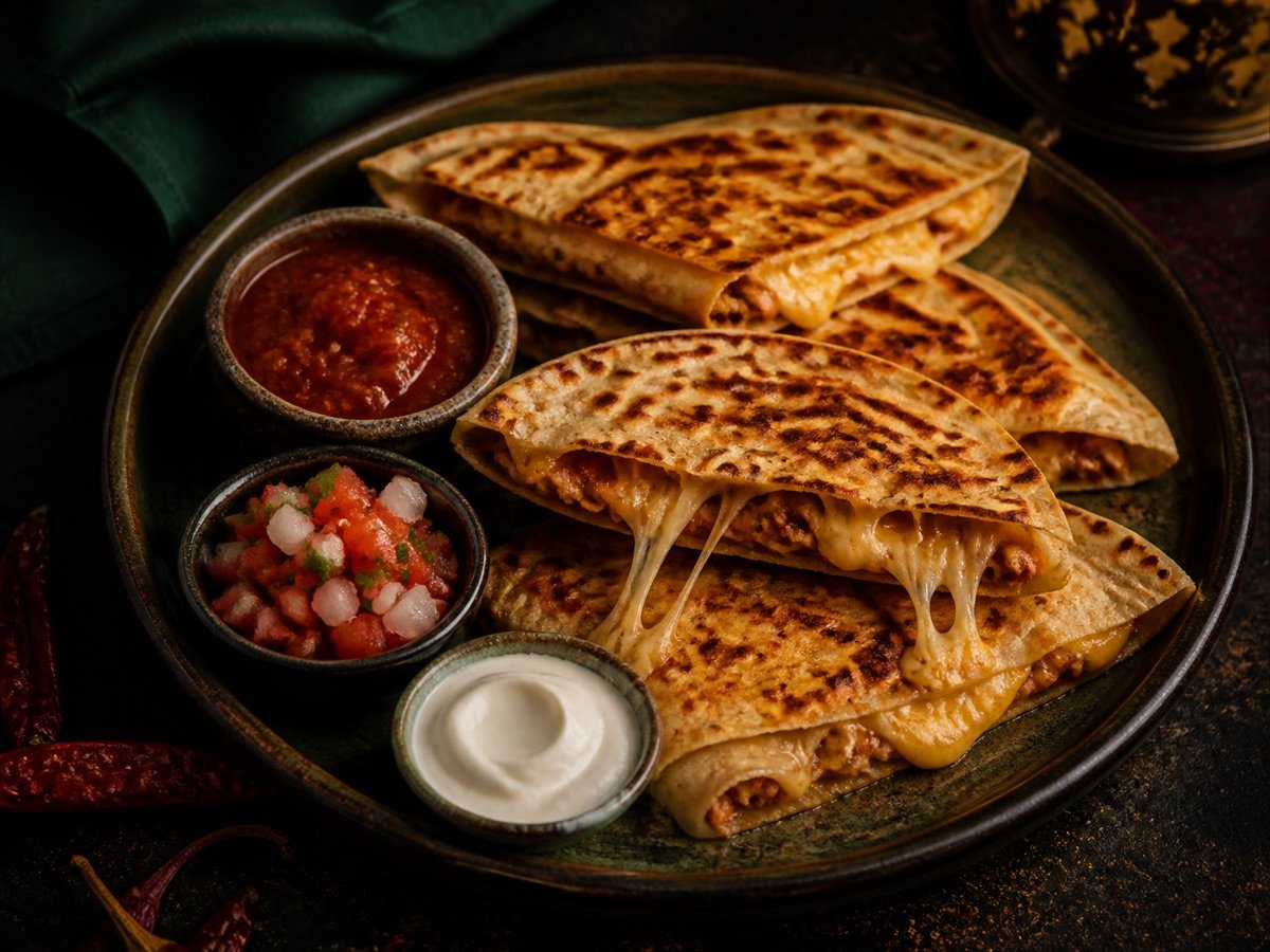 Présentation de quesadillas dorées au fromage fondant avec salsa et pico de gallo